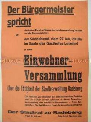 Maueranschlag mit Ankündigung einer Einwohner-Versammlung der Stadt Radeberg