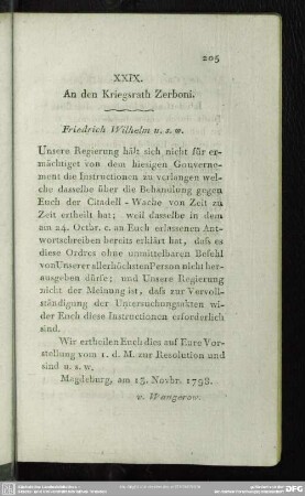 XXIX. An den Kriegsrath Zerboni