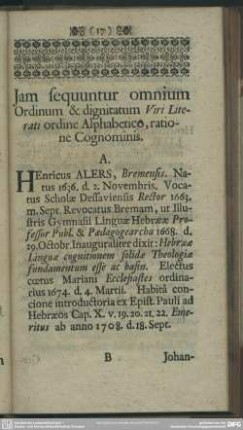 Jam sequuntur omnium Ordinum & dignitatum Viri Literati ordine Alphabetico, ratione Cognominis