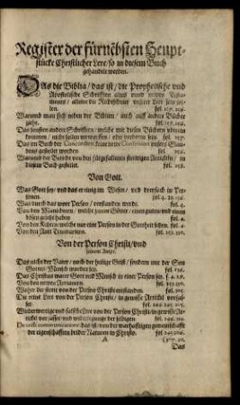 Register der fürnembsten Heuptstücke Christlicher Lere ...