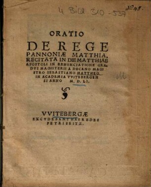 Oratio De Rege Pannoniae Matthia