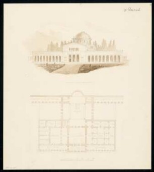 Leichenhaus und Kapelle Monatskonkurrenz Dezember 1833: Grundriss, perspektivische Ansicht; Maßstabsleiste