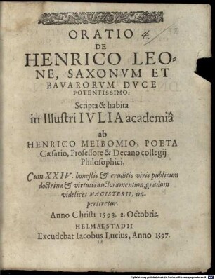 Oratio de Henrico Leone, Saxonum et Bavarorum duce potentissimo