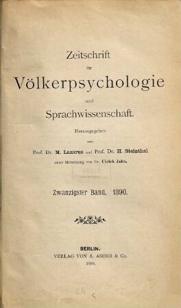 Zeitschrift für Völkerpsychologie und Sprachwissenschaft. 20, 20. 1890