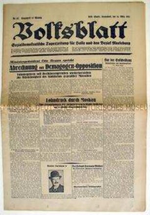 Sozialdemokratische Tageszeitung "Volksblatt" u.a. zum Volksbegehren zur Auflösung des Preußischen Landtages