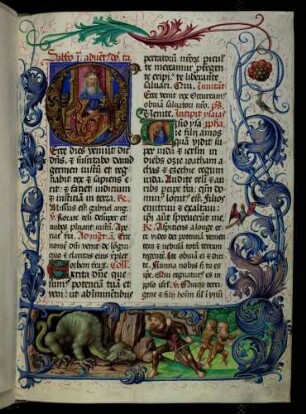 Bas-de-page-Miniatur: Kampf eines Wildmannes gegen einen Drachen; historisierte Initialen: E(ecce), Thronender Gottvater; V(iso ysaie), Prophet Jesaia; Rankenbordüre