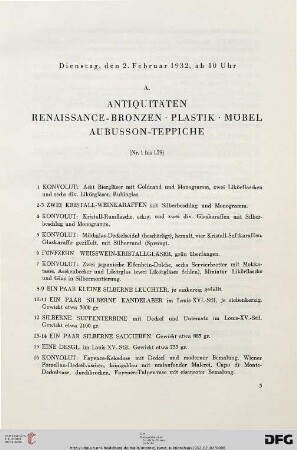 A. Antiquitäten – Renaissance-Bronzen – Plastik – Möbel – Aubusson-Teppiche (Nr. 1-159)