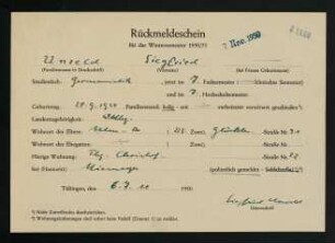 Rückmeldeschein Wintersemester 1950/1951