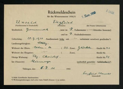 Rückmeldeschein Wintersemester 1950/1951
