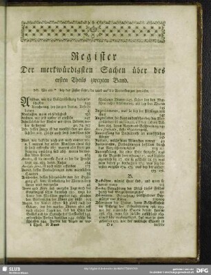 Register Der merkwürdigsten Sachen über des ersten Theils zweyten Band