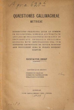 Quaestiones Callimacheae metricae : (Bonner Doctordiss.)