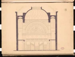 Preußisches Parlament, Berlin Schinkelwettbewerb 1859: Querschnitt durch Haupt(eingangs)halle mit Treppenhaus; Maßstabsleiste