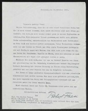 Brief von Robert Faesi an Margarete Hauptmann