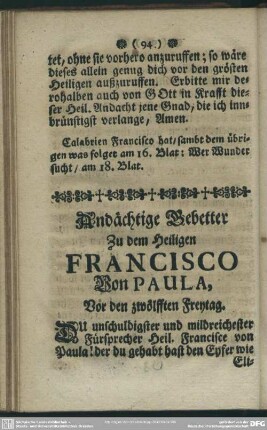 Andächtige Gebetter Zu dem Heiligen Francisco Von Paula, Vor den zwölfften Freytag