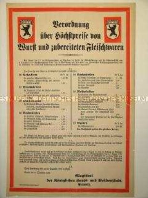 Maueranschlag: Verordnung über Höchstpreise von Wurst und zubereiteten Fleischwaren.