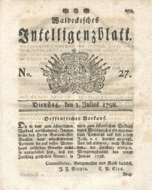 No. 27, Dienstag, den 3. Julius 1798