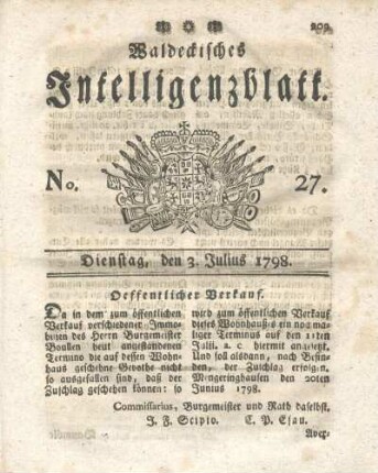 No. 27, Dienstag, den 3. Julius 1798