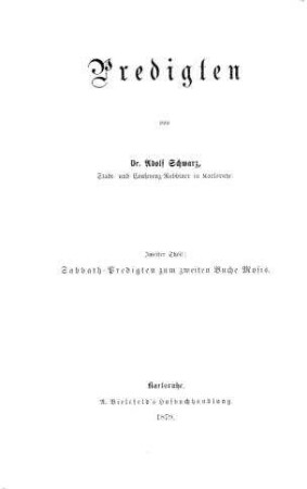 Sabbath-Predigten zu den Wochenabschnitten des zweiten Buch Mosis