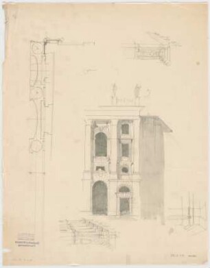 Thiersch, Friedrich von; München; Justizpalast - Hauptrisalit (Teilgrundriss, Perspektiven)