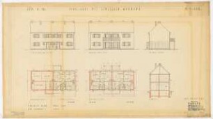 Siedlung mit Einzelhäusern und Doppelhäusern, Unterlüß: Doppelhaus Typ 16: 3 Ansichten, 1 Schnitt, Grundrisse Kellergeschoss, Erdgeschoss und 1. Obergeschoss 1:100