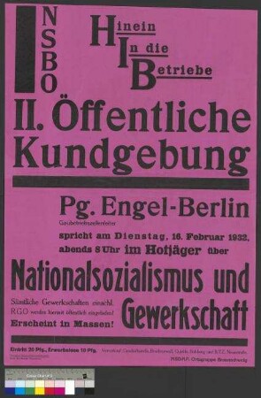 Plakat der NSDAP zu einer öffentlichen Kundgebung am 16. Februar 1932 in Braunschweig mit dem Aufruf, in die NSBO einzutreten