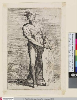 [A standing warrior holding an elongated octagonal shield; Krieger, der ein längliches, achteckiges Schild hält]