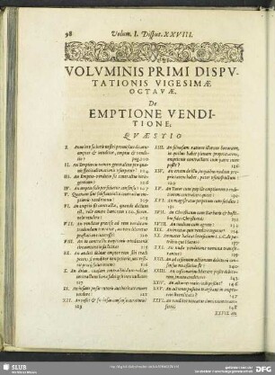 Voluminis Primi Disputationis Vigesimae Octavae, De Emptione Venditione
