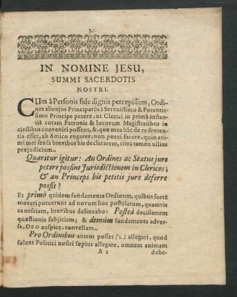 In Nomine Jesu, Summi Sacerdotis Nostri.