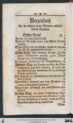 Verzeichniß der in obigen sechs Briefen enthaltenen Sachen.
