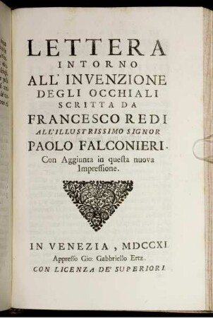 Lettera Intorno All' Invenzione Degli Ochiali Scritta Da Francesco Redi