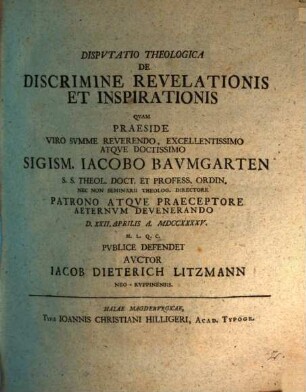 Dispvtatio Theologica De Discrimine Revelationis Et Inspirationis