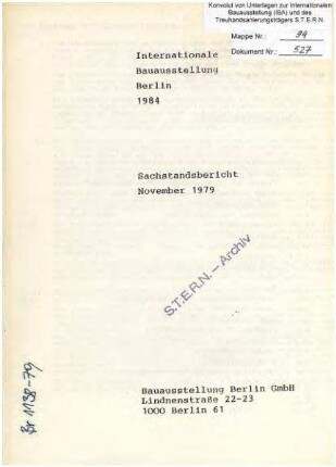 Sachstandsbericht: Internationale               Bauausstellung Berlin 1984 (November 1979)
