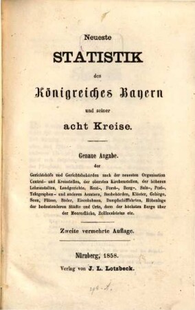 Neuste Statistik des königreiches Bayern und seiner acht Kreise