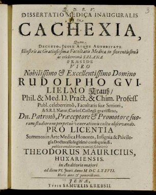 Dissertatio Medica Inauguralis De Cachexia