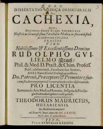 Dissertatio Medica Inauguralis De Cachexia