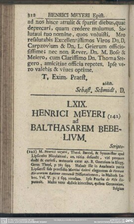 LXIX. Henrici Meyeri ad Balthasarem Bebelium