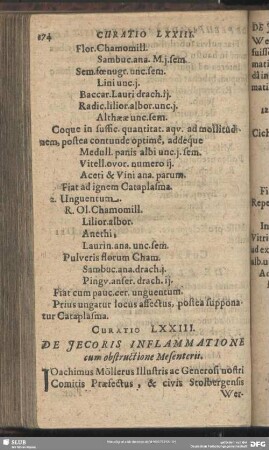 Curatio LXXIII. [Curatio LXXVI.] De Jecoris Inflammatione cum obstructione Mesenterii