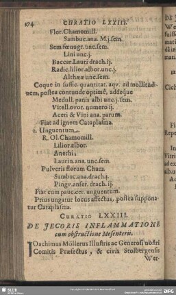 Curatio LXXIII. [Curatio LXXVI.] De Jecoris Inflammatione cum obstructione Mesenterii