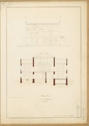 Schießhaus Monatskonkurrenz November 1848: Aufriss Seitenansicht, Längsschnitt