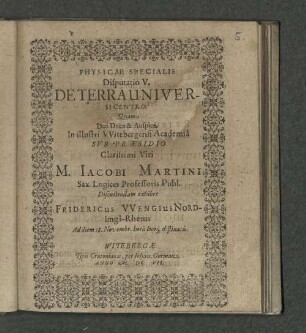 Physicae Specialis Disputatio V. De Terra Universi Centro