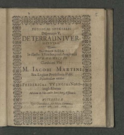 Physicae Specialis Disputatio V. De Terra Universi Centro