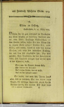 78. Gleim an Lessing. Halberstadt, d. 21. März 1779