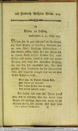 78. Gleim an Lessing. Halberstadt, d. 21. März 1779