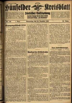 Erste Ausgabe vom Donnerstag, den 24. Dezember 1936.