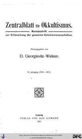 4: Zentralblatt für Okkultismus: Monatsschrift zur Erforschung der gesamten Geheimwissenschaften