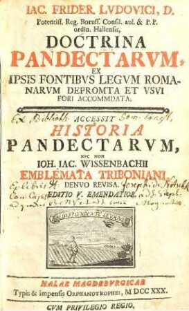Iac. Frider. Ludovici Doctrina pandectarum : ex ipsis fontibus legum romanarum depromta et usui fori accomodata