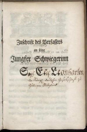 Zuschrift des Verfassers an seine Jungfer Schwiegerinn