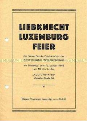 Programm zur "Liebknecht-Luxemburg-Feier" des Bezirkes Berlin-Friedrichshain 1946