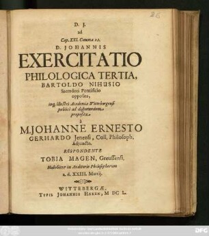 ad Cap. XXI. Comma 22. D. Johannis Exercitatio Philologica Tertia, Bartoldo Nihusio Sacerdoti Pontificio opposita
