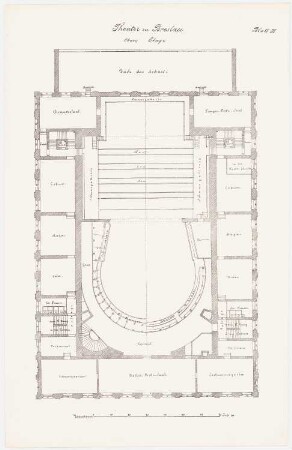Theater, Breslau Wiederaufbau: Grundriss 2.Obergeschoss, Maßstabsleiste